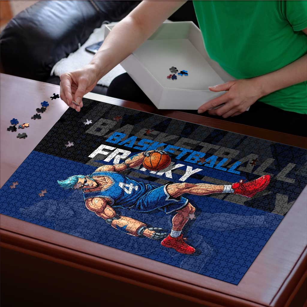 Franky One Piece Basketball Crossover Design Puzzle with Blue Uniform and Mechanical Arm Action Pose - The Mazicc
