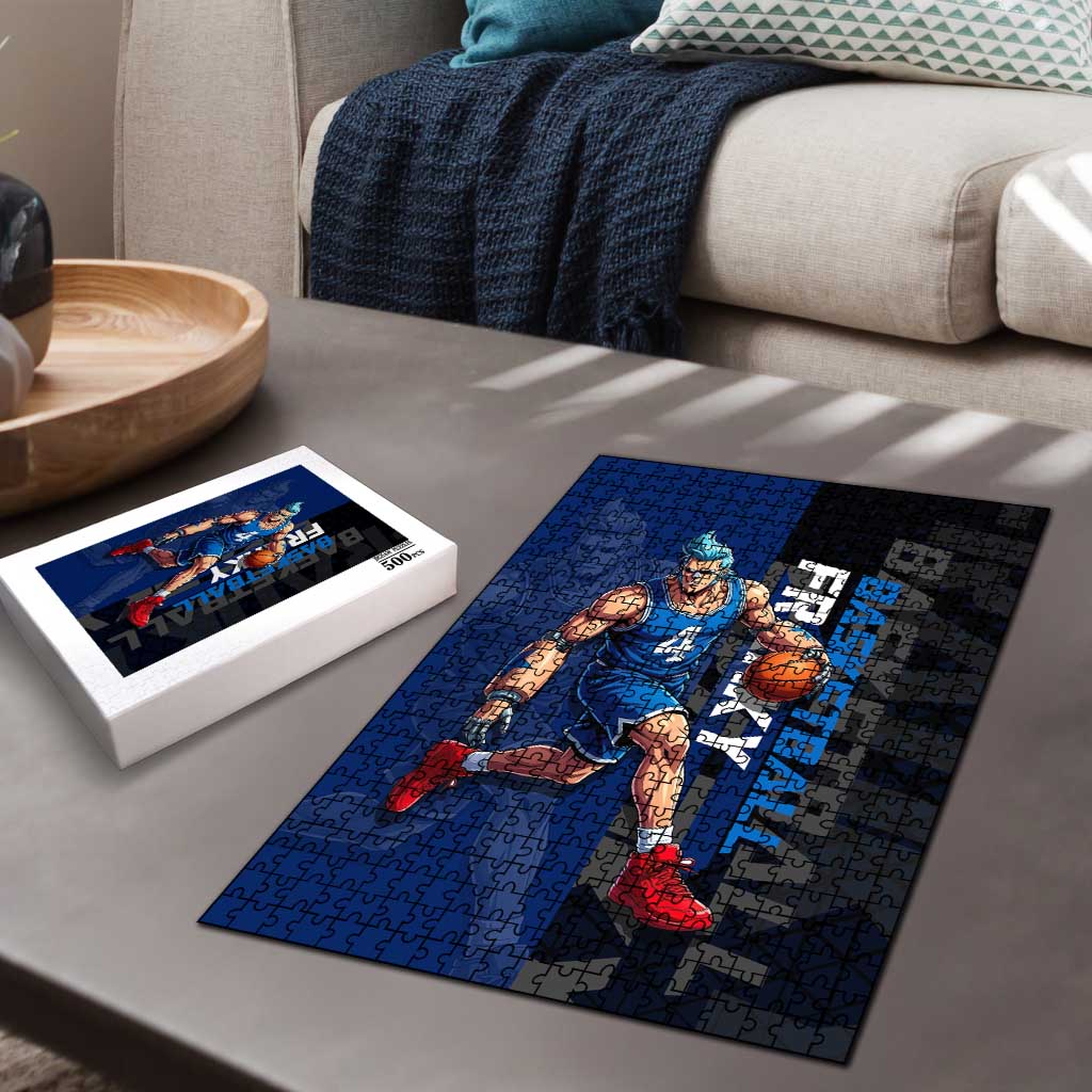 Franky One Piece Basketball Crossover Design Puzzle with Blue Uniform and Mechanical Arm Action Pose - The Mazicc