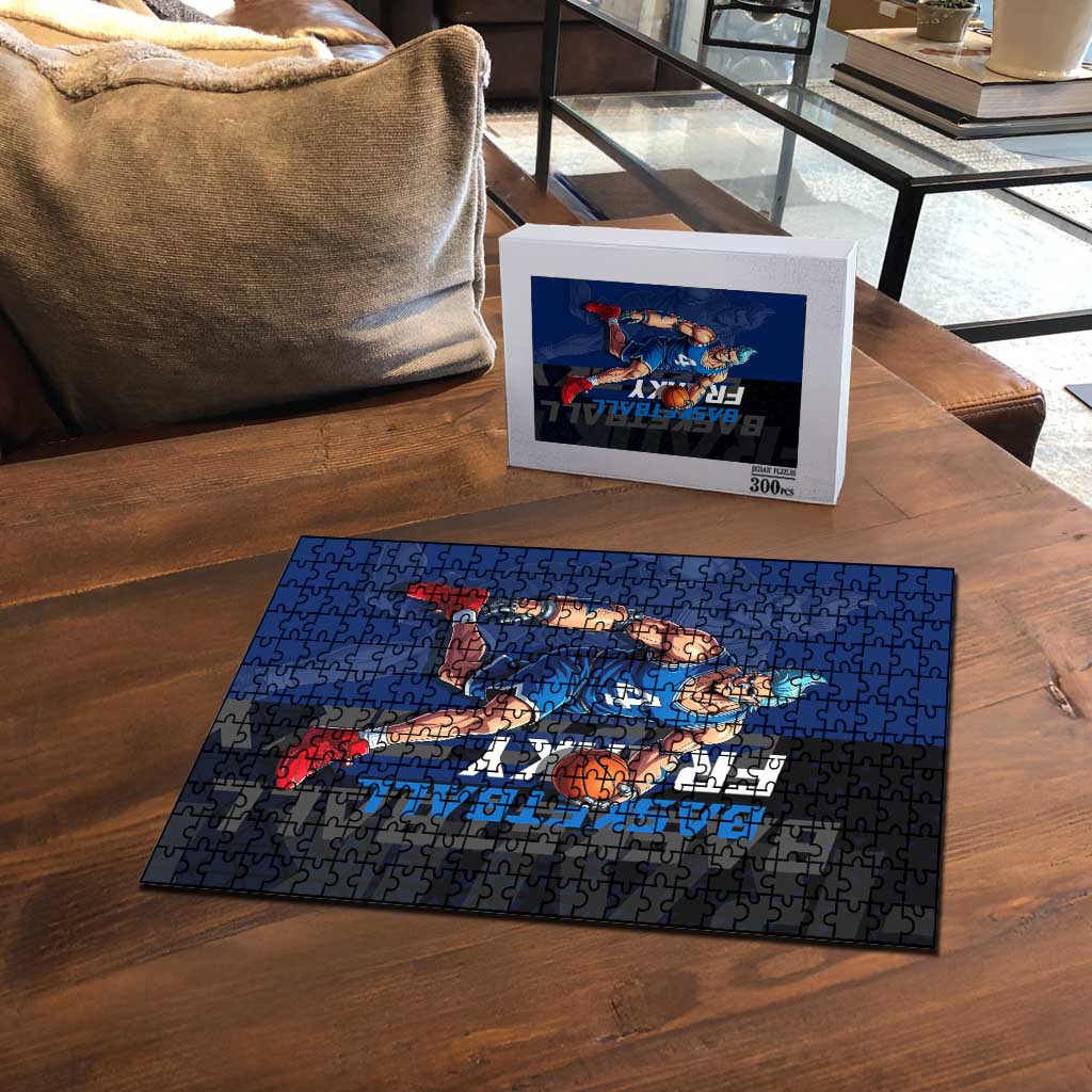 Franky One Piece Basketball Crossover Design Puzzle with Blue Uniform and Mechanical Arm Action Pose - The Mazicc