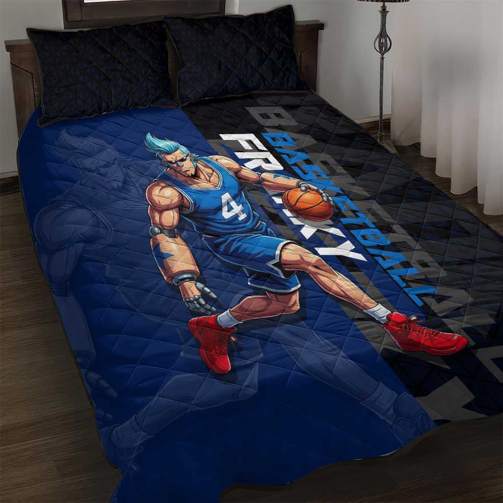 Franky One Piece Basketball Crossover Design Quilt Bed Set with Blue Uniform and Mechanical Arm Action Pose - The Mazicc