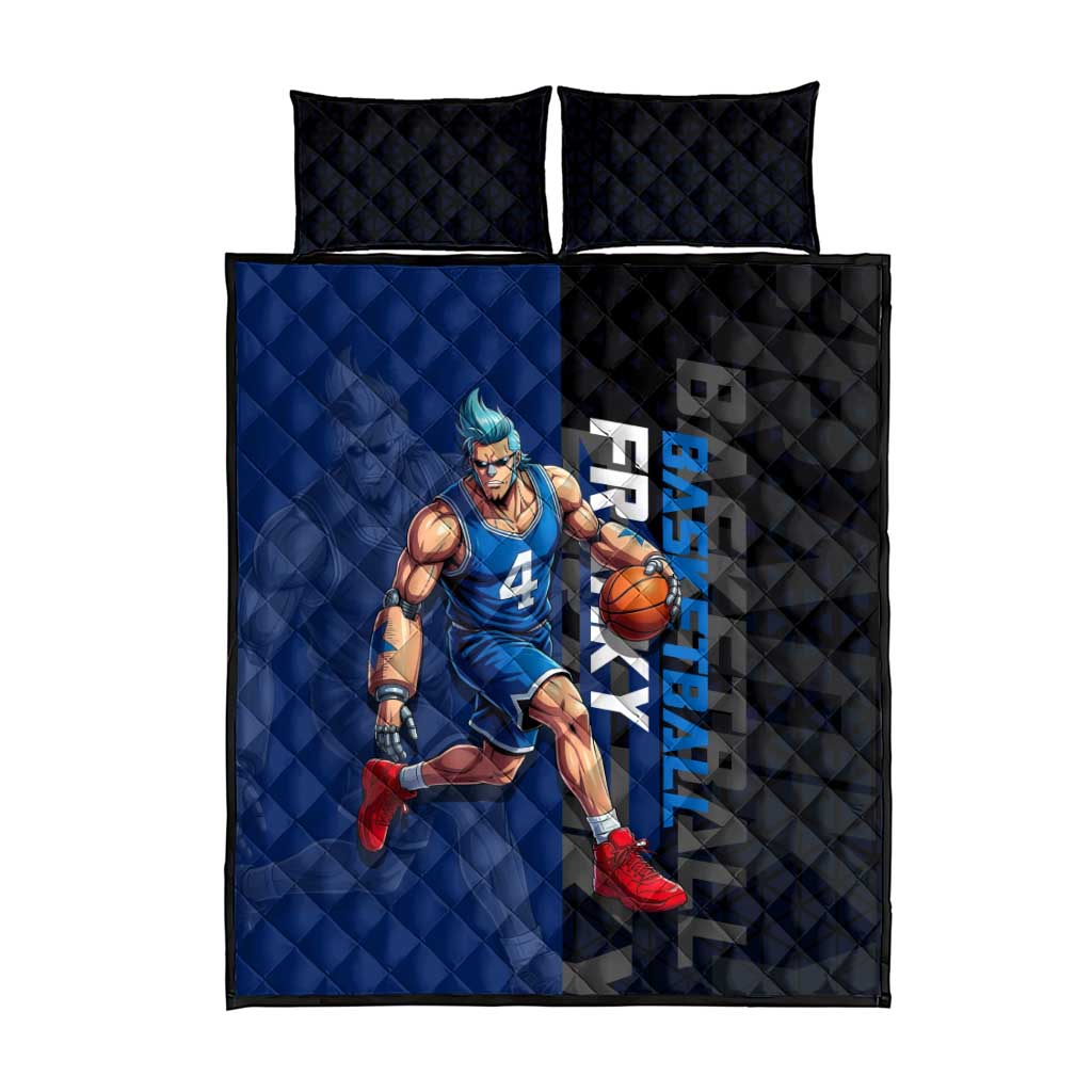 Franky One Piece Basketball Crossover Design Quilt Bed Set with Blue Uniform and Mechanical Arm Action Pose - The Mazicc