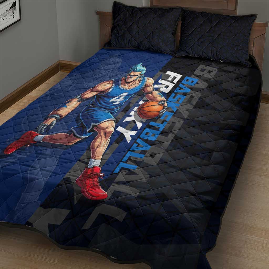 Franky One Piece Basketball Crossover Design Quilt Bed Set with Blue Uniform and Mechanical Arm Action Pose - The Mazicc