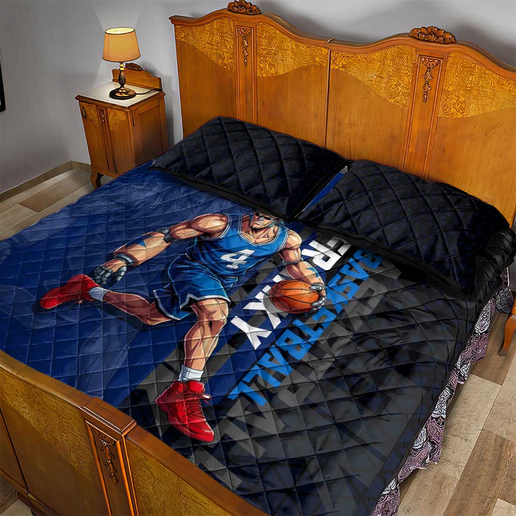 Franky One Piece Basketball Crossover Design Quilt Bed Set with Blue Uniform and Mechanical Arm Action Pose - The Mazicc