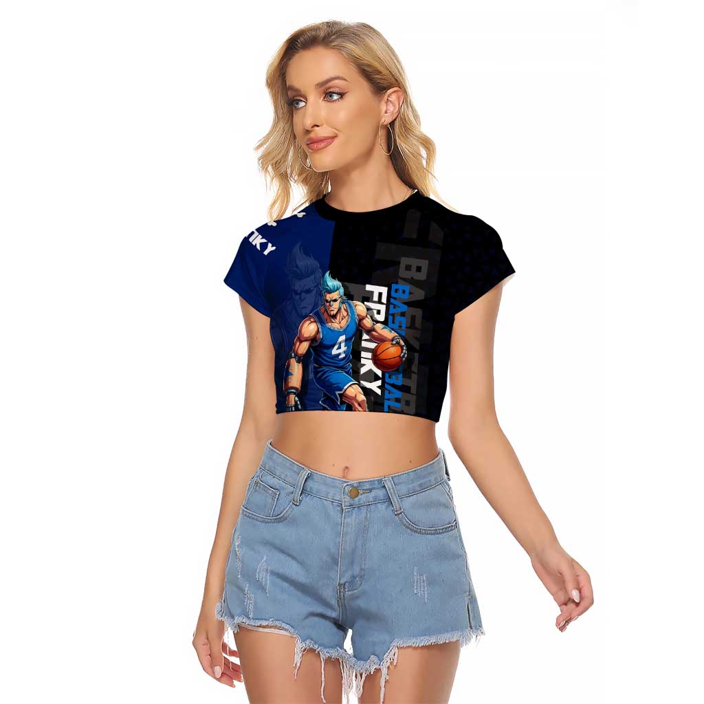 Franky One Piece Basketball Crossover Design Raglan Cropped T Shirt with Blue Uniform and Mechanical Arm Action Pose - The Mazicc