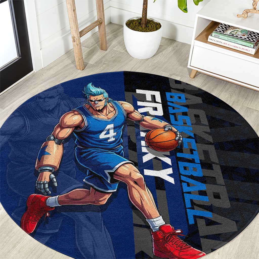 Franky One Piece Basketball Crossover Design Round Carpet with Blue Uniform and Mechanical Arm Action Pose - The Mazicc