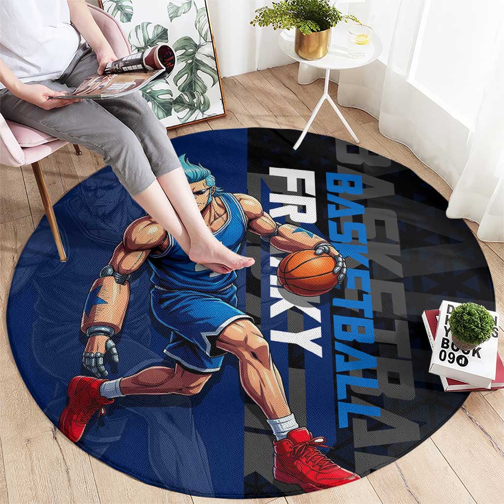 Franky One Piece Basketball Crossover Design Round Carpet with Blue Uniform and Mechanical Arm Action Pose - The Mazicc