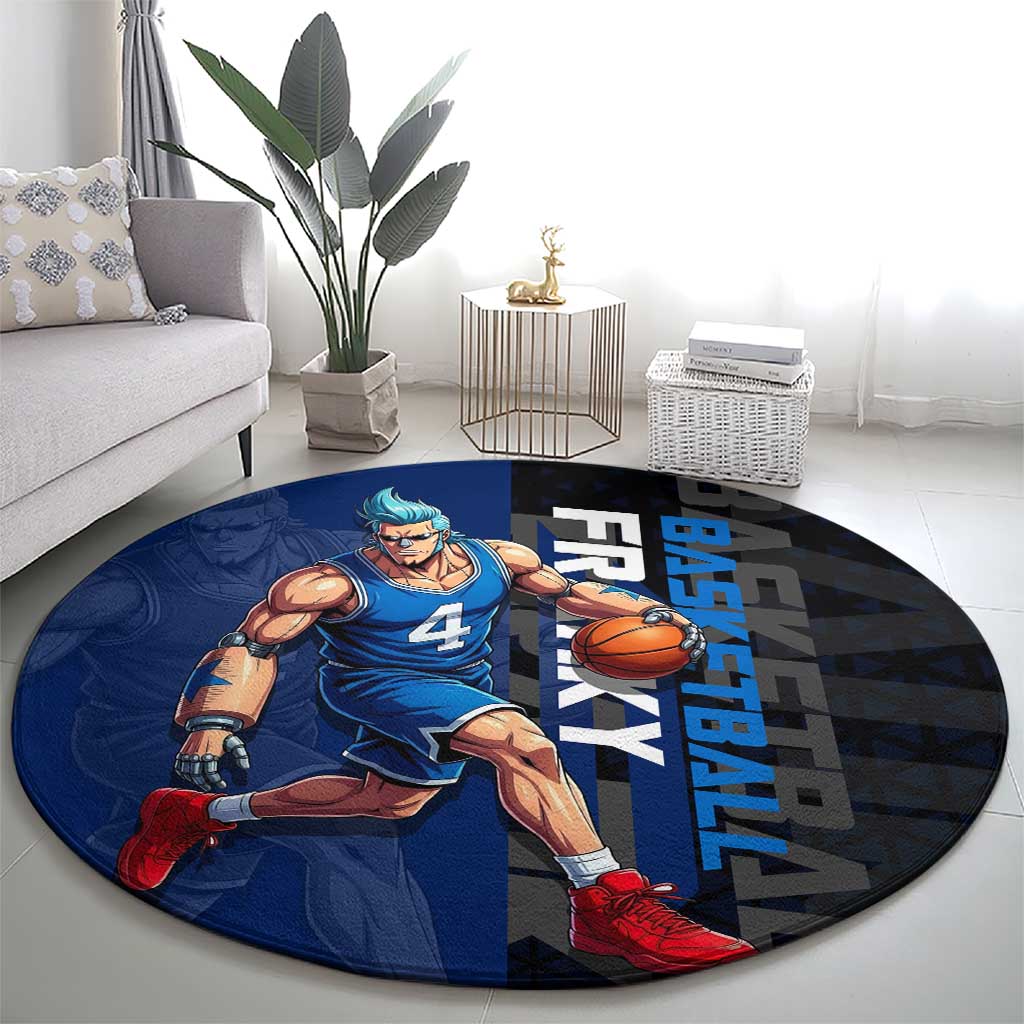 Franky One Piece Basketball Crossover Design Round Carpet with Blue Uniform and Mechanical Arm Action Pose - The Mazicc