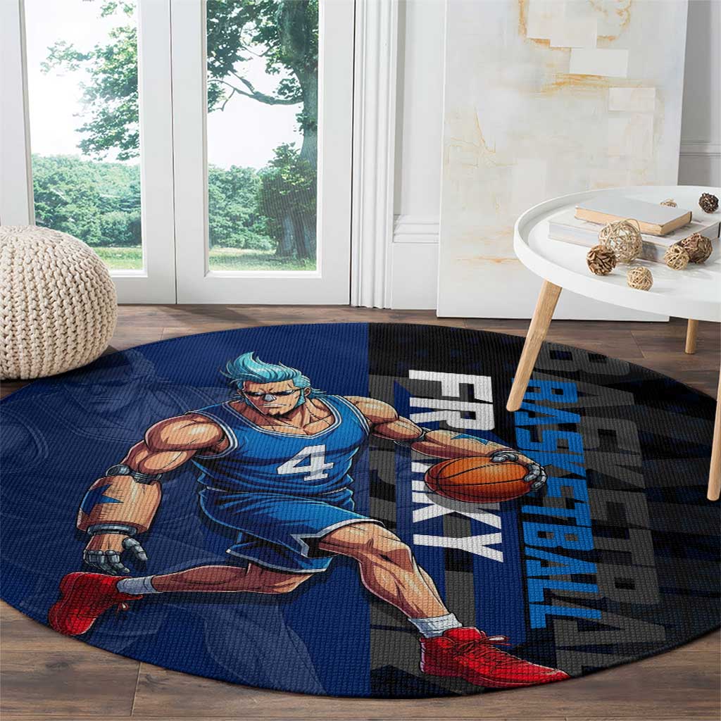 Franky One Piece Basketball Crossover Design Round Carpet with Blue Uniform and Mechanical Arm Action Pose - The Mazicc