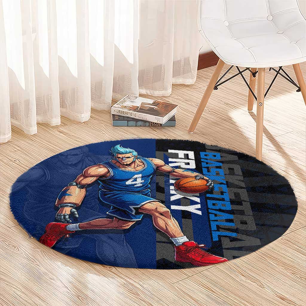 Franky One Piece Basketball Crossover Design Round Carpet with Blue Uniform and Mechanical Arm Action Pose - The Mazicc