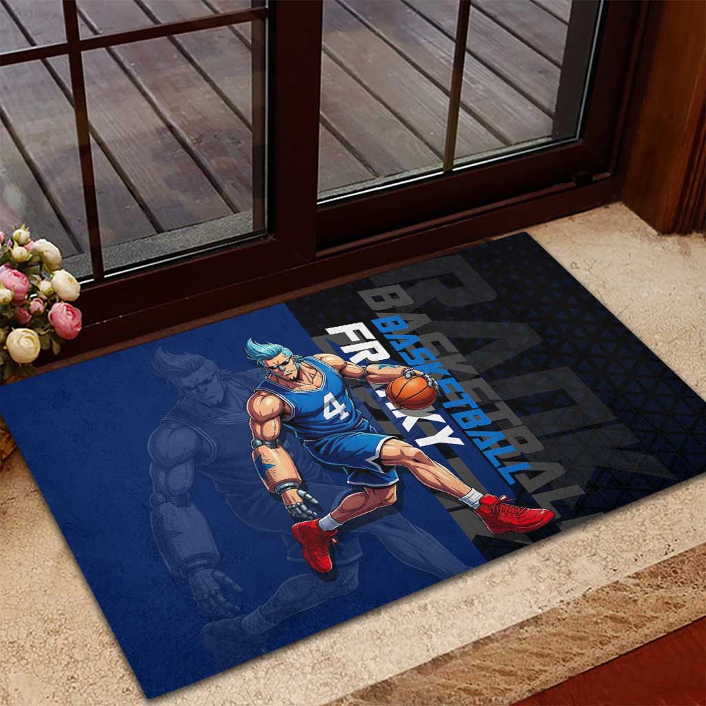 Franky One Piece Basketball Crossover Design Rubber Doormat with Blue Uniform and Mechanical Arm Action Pose - The Mazicc