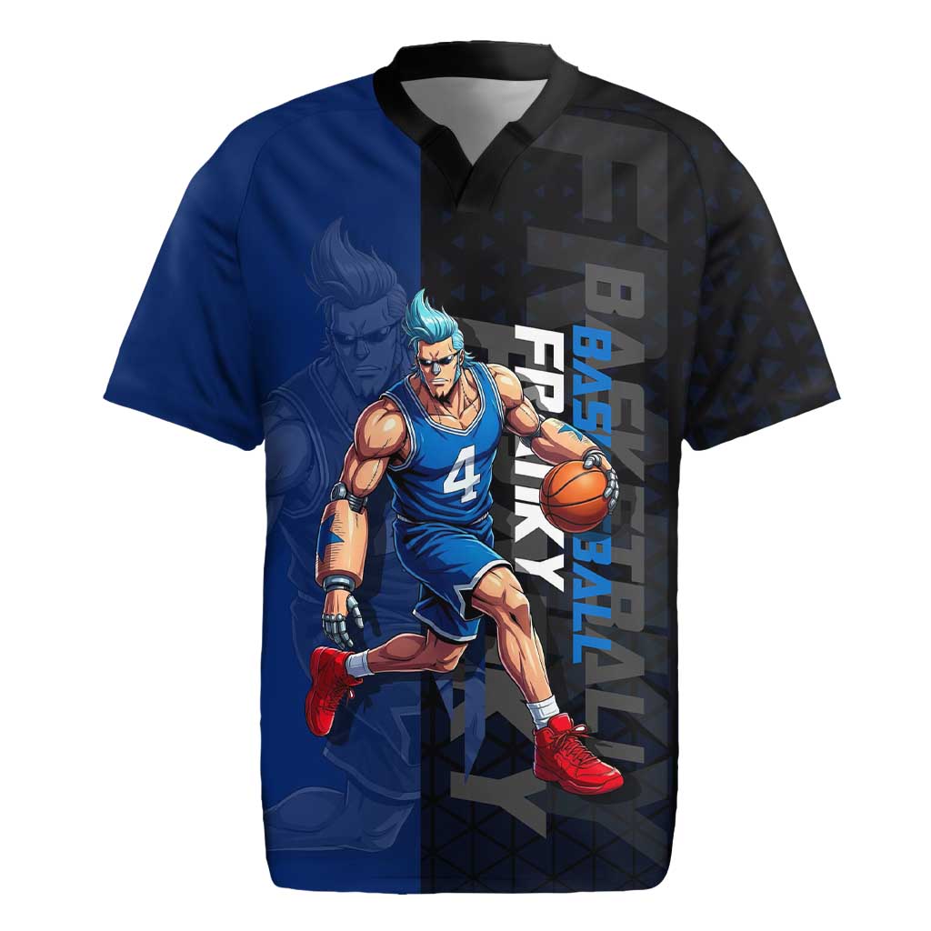 Franky One Piece Basketball Crossover Design Rugby Jersey with Blue Uniform and Mechanical Arm Action Pose - The Mazicc