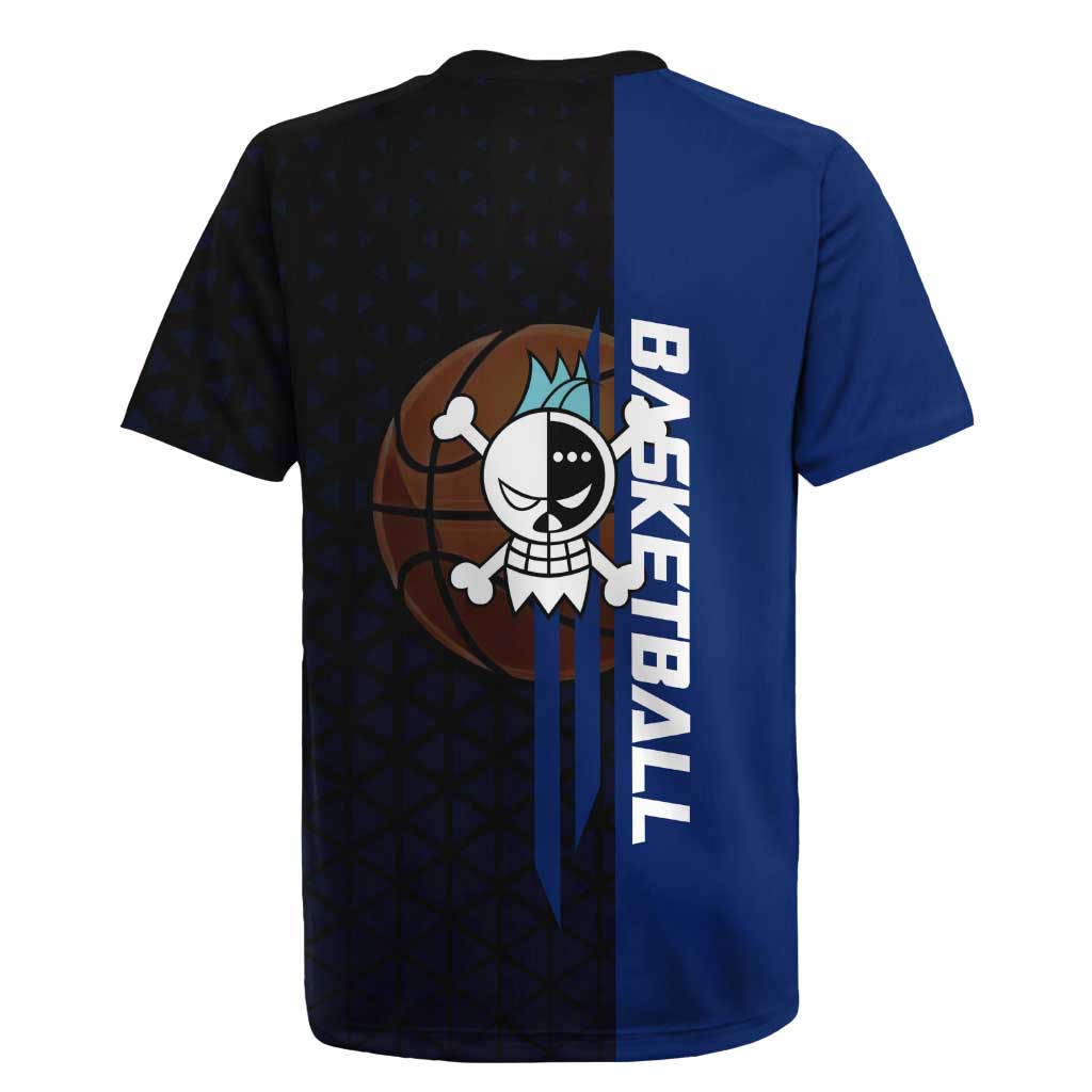 Franky One Piece Basketball Crossover Design Rugby Jersey with Blue Uniform and Mechanical Arm Action Pose - The Mazicc