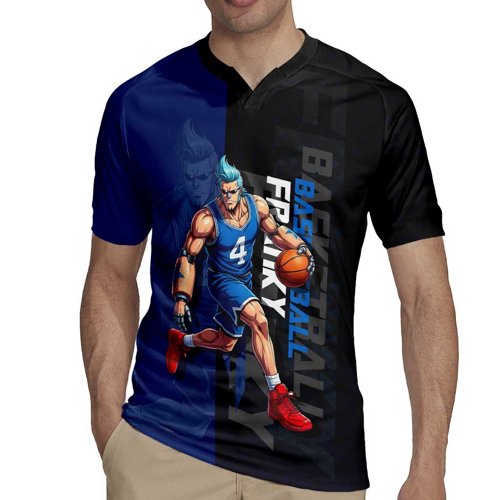 Franky One Piece Basketball Crossover Design Rugby Jersey with Blue Uniform and Mechanical Arm Action Pose - The Mazicc