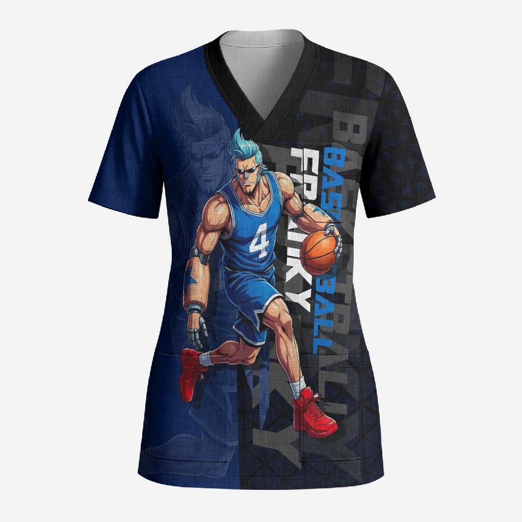 Franky One Piece Basketball Crossover Design Scrub Top with Blue Uniform and Mechanical Arm Action Pose - The Mazicc