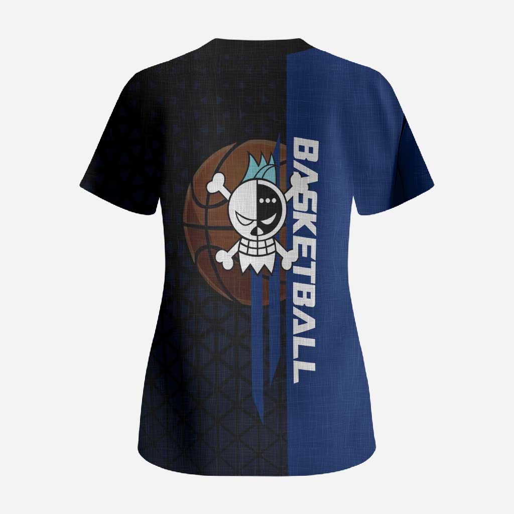 Franky One Piece Basketball Crossover Design Scrub Top with Blue Uniform and Mechanical Arm Action Pose - The Mazicc