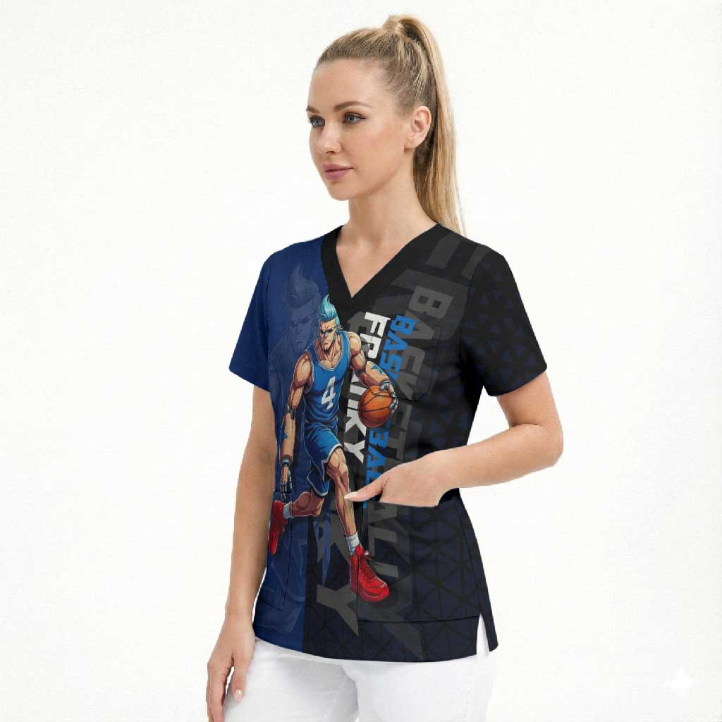 Franky One Piece Basketball Crossover Design Scrub Top with Blue Uniform and Mechanical Arm Action Pose - The Mazicc