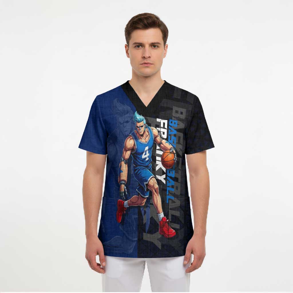Franky One Piece Basketball Crossover Design Scrub Top with Blue Uniform and Mechanical Arm Action Pose - The Mazicc
