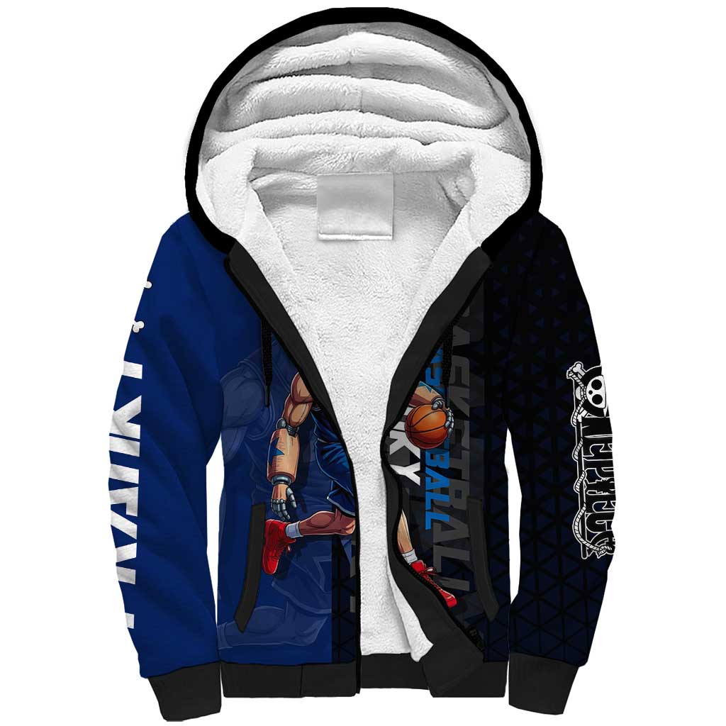 Franky One Piece Basketball Crossover Design Sherpa Hoodie with Blue Uniform and Mechanical Arm Action Pose - The Mazicc