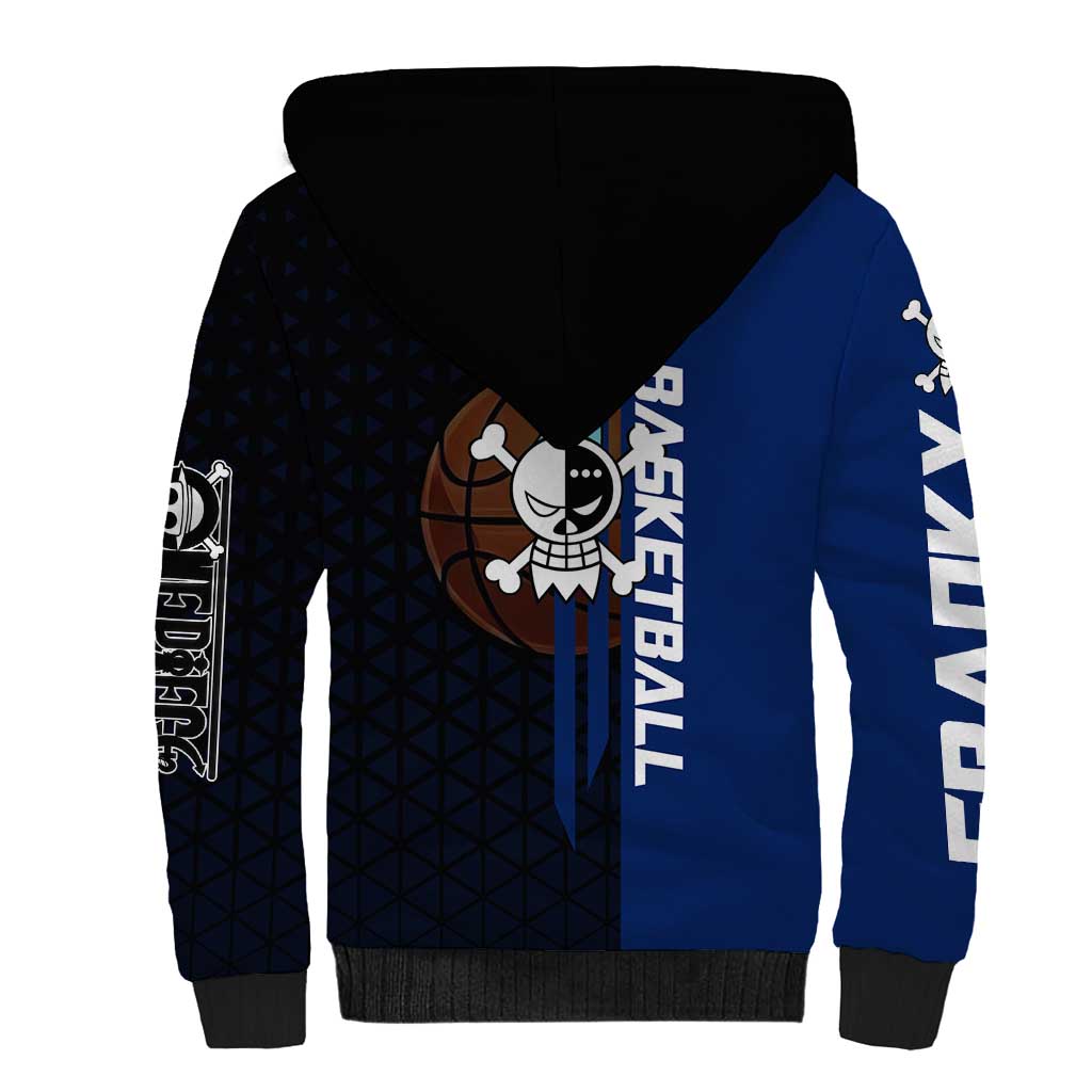 Franky One Piece Basketball Crossover Design Sherpa Hoodie with Blue Uniform and Mechanical Arm Action Pose - The Mazicc