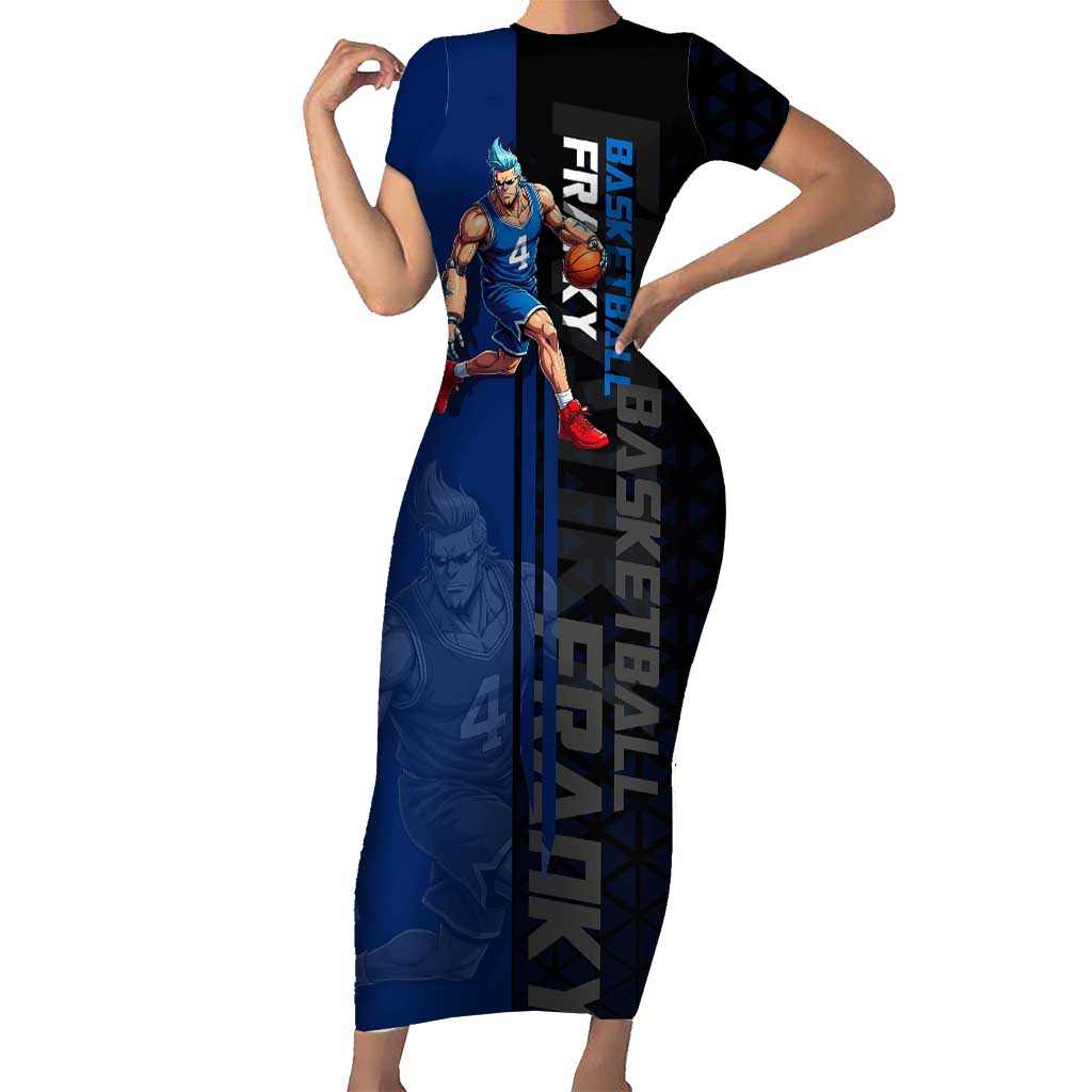 Franky One Piece Basketball Crossover Design Short Sleeve Bodycon Dress with Blue Uniform and Mechanical Arm Action Pose - The Mazicc