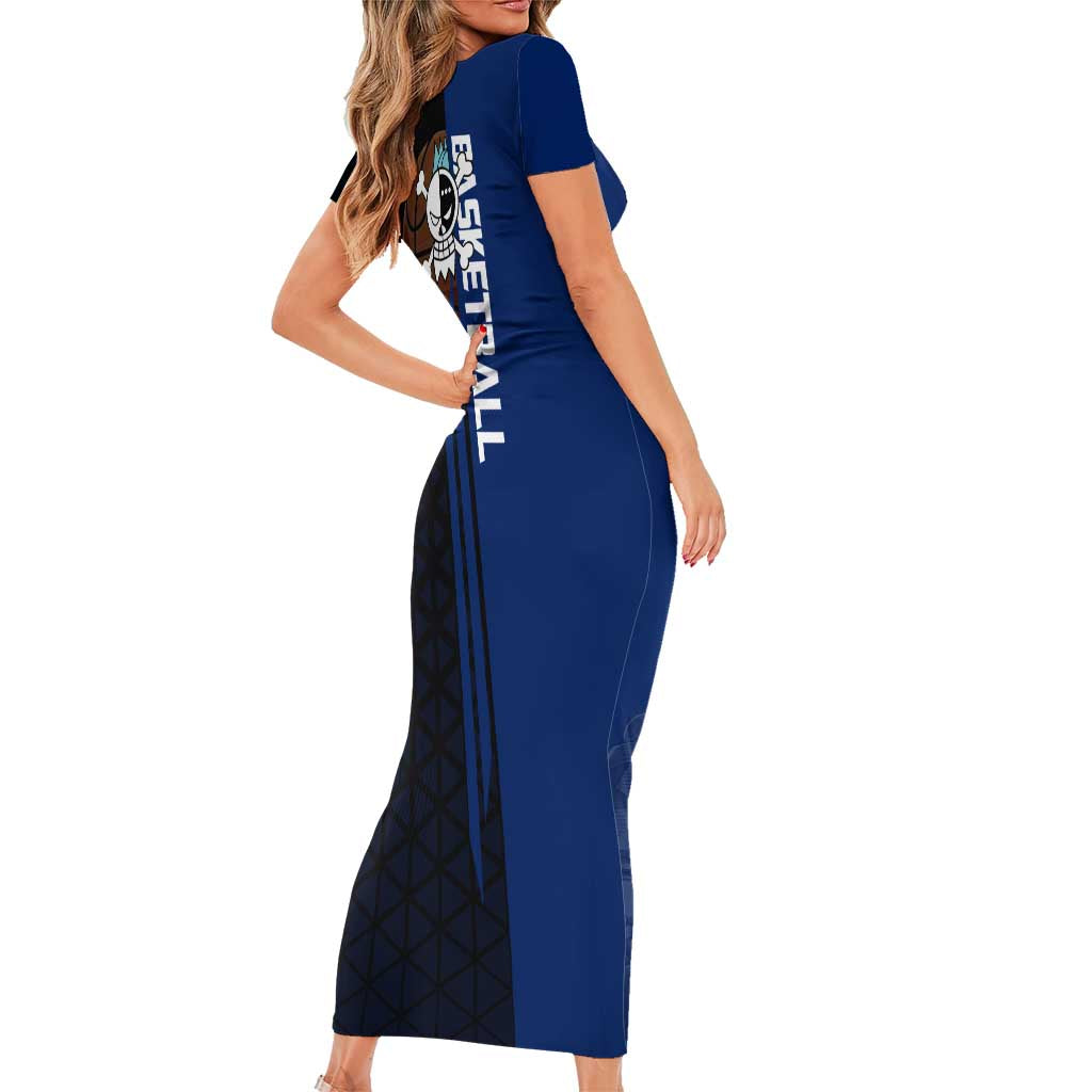 Franky One Piece Basketball Crossover Design Short Sleeve Bodycon Dress with Blue Uniform and Mechanical Arm Action Pose - The Mazicc