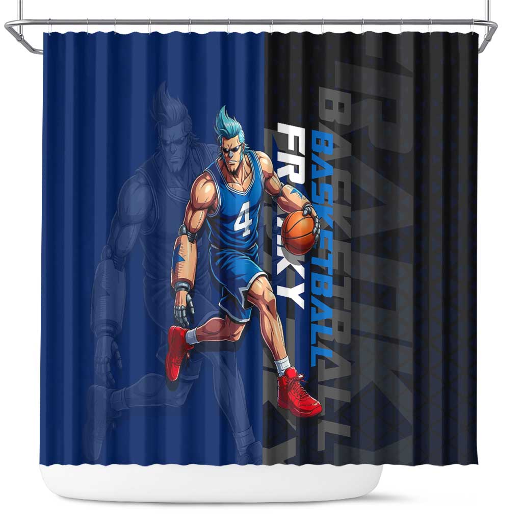Franky One Piece Basketball Crossover Design Shower Curtain with Blue Uniform and Mechanical Arm Action Pose - The Mazicc