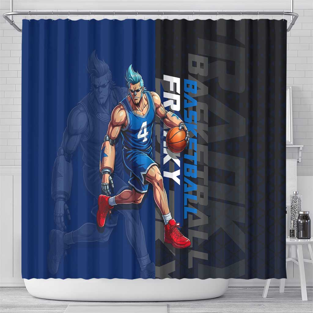 Franky One Piece Basketball Crossover Design Shower Curtain with Blue Uniform and Mechanical Arm Action Pose - The Mazicc