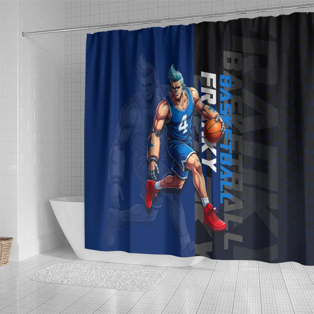 Franky One Piece Basketball Crossover Design Shower Curtain with Blue Uniform and Mechanical Arm Action Pose - The Mazicc