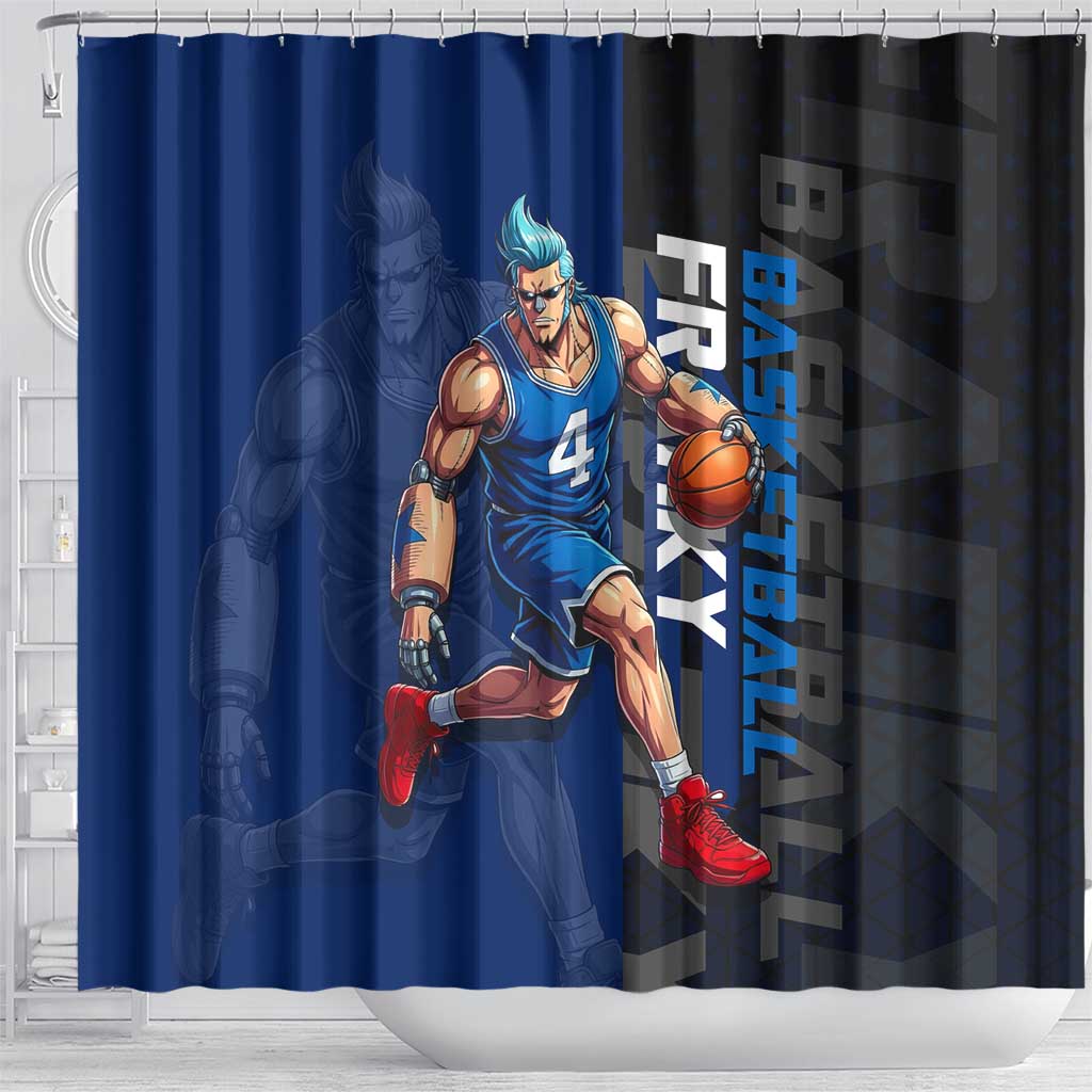Franky One Piece Basketball Crossover Design Shower Curtain with Blue Uniform and Mechanical Arm Action Pose - The Mazicc