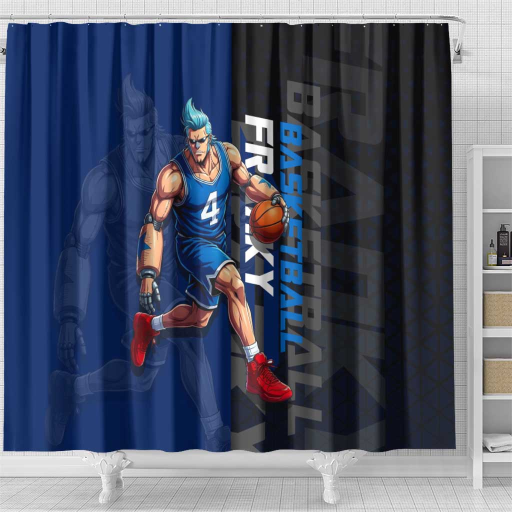 Franky One Piece Basketball Crossover Design Shower Curtain with Blue Uniform and Mechanical Arm Action Pose - The Mazicc