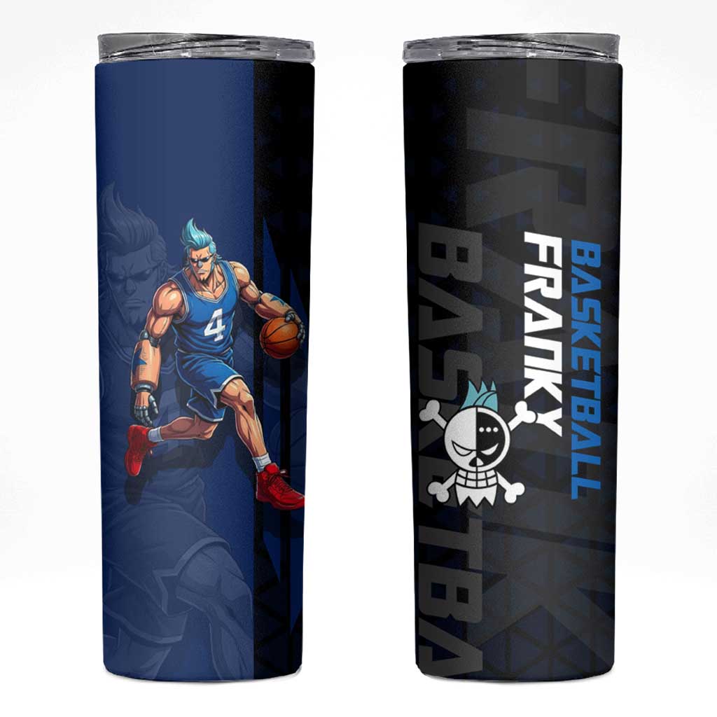 Franky One Piece Basketball Crossover Design Skinny Tumbler with Blue Uniform and Mechanical Arm Action Pose - The Mazicc
