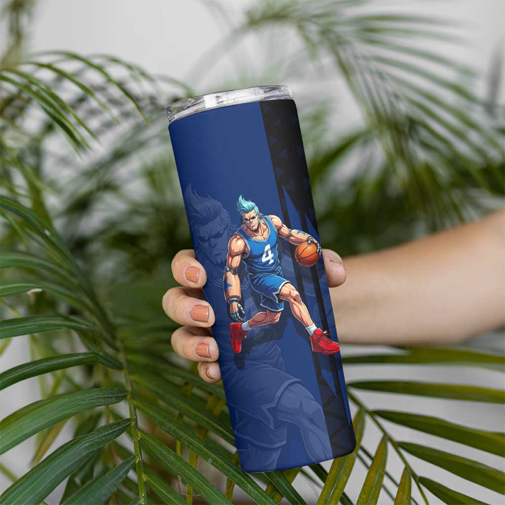Franky One Piece Basketball Crossover Design Skinny Tumbler with Blue Uniform and Mechanical Arm Action Pose - The Mazicc