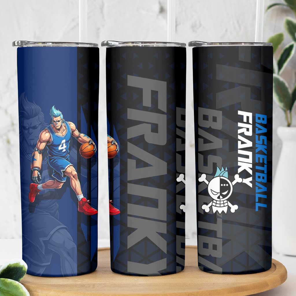 Franky One Piece Basketball Crossover Design Skinny Tumbler with Blue Uniform and Mechanical Arm Action Pose - The Mazicc