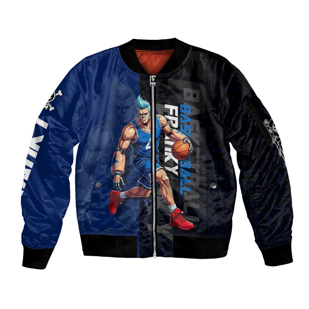Franky One Piece Basketball Crossover Design Sleeve Zip Bomber Jacket with Blue Uniform and Mechanical Arm Action Pose - The Mazicc