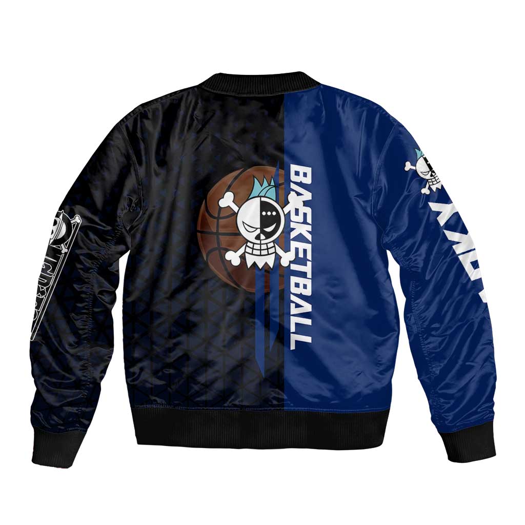 Franky One Piece Basketball Crossover Design Sleeve Zip Bomber Jacket with Blue Uniform and Mechanical Arm Action Pose - The Mazicc