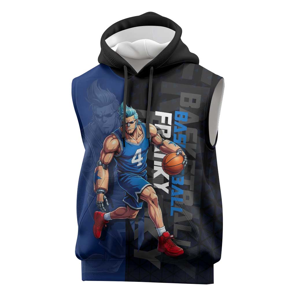 Franky One Piece Basketball Crossover Design Sleeveless Hoodie with Blue Uniform and Mechanical Arm Action Pose - The Mazicc