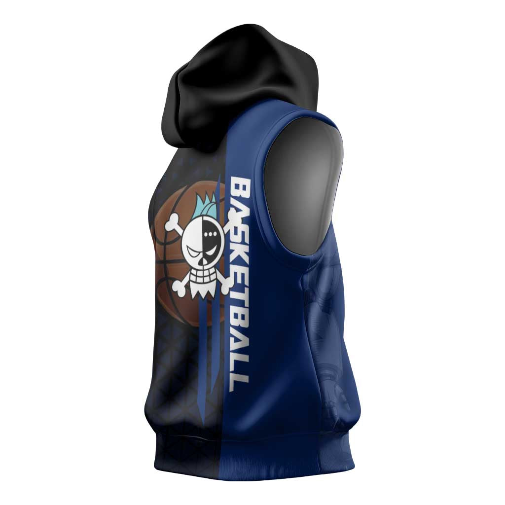 Franky One Piece Basketball Crossover Design Sleeveless Hoodie with Blue Uniform and Mechanical Arm Action Pose - The Mazicc