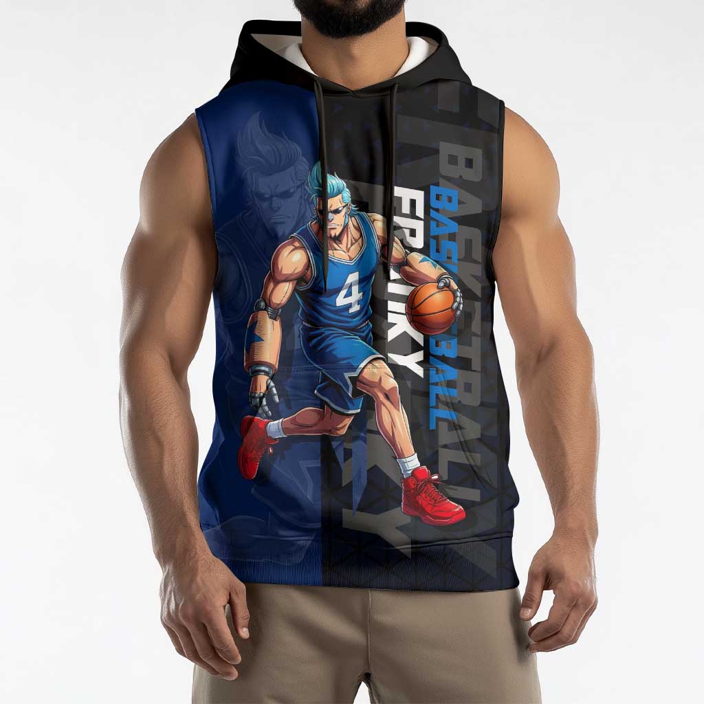 Franky One Piece Basketball Crossover Design Sleeveless Hoodie with Blue Uniform and Mechanical Arm Action Pose - The Mazicc