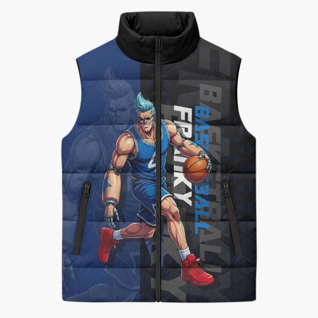 Franky One Piece Basketball Crossover Design Sleeveless Puffer Jacket with Blue Uniform and Mechanical Arm Action Pose - The Mazicc