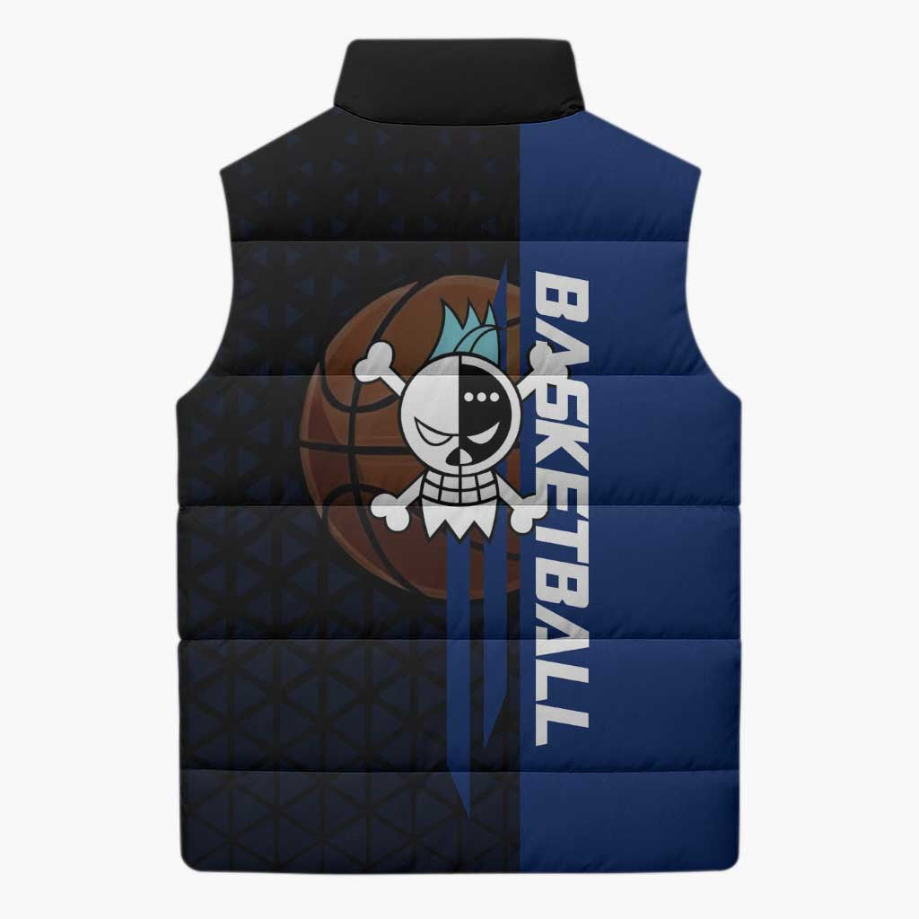 Franky One Piece Basketball Crossover Design Sleeveless Puffer Jacket with Blue Uniform and Mechanical Arm Action Pose - The Mazicc