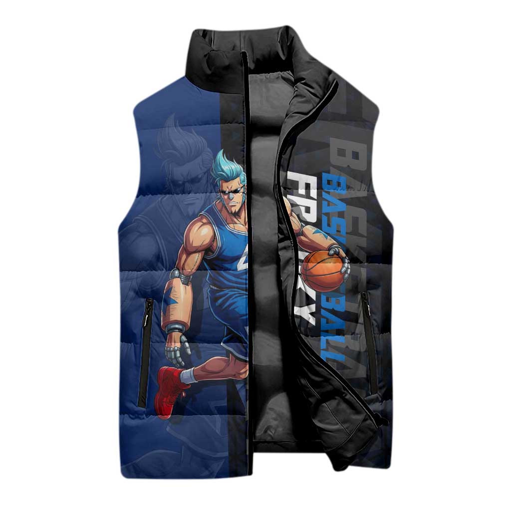 Franky One Piece Basketball Crossover Design Sleeveless Puffer Jacket with Blue Uniform and Mechanical Arm Action Pose - The Mazicc