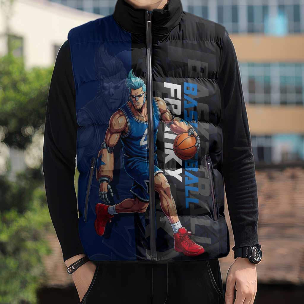 Franky One Piece Basketball Crossover Design Sleeveless Puffer Jacket with Blue Uniform and Mechanical Arm Action Pose - The Mazicc