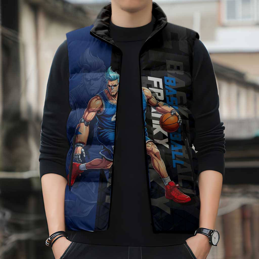 Franky One Piece Basketball Crossover Design Sleeveless Puffer Jacket with Blue Uniform and Mechanical Arm Action Pose - The Mazicc