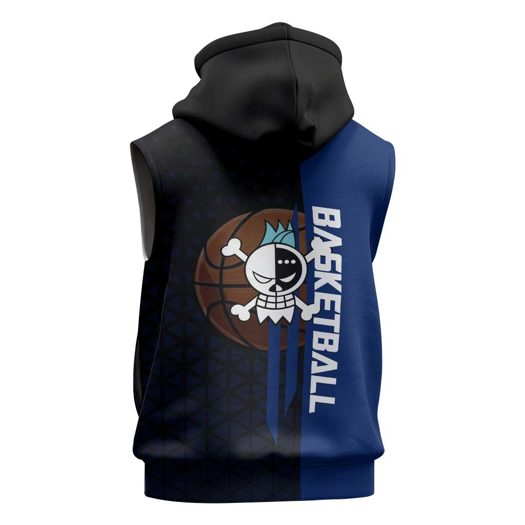 Franky One Piece Basketball Crossover Design Sleeveless Zip Hoodie with Blue Uniform and Mechanical Arm Action Pose - The Mazicc