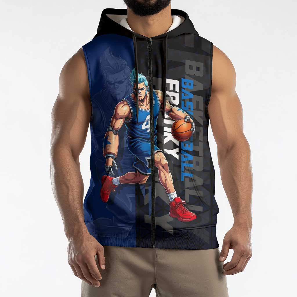 Franky One Piece Basketball Crossover Design Sleeveless Zip Hoodie with Blue Uniform and Mechanical Arm Action Pose - The Mazicc