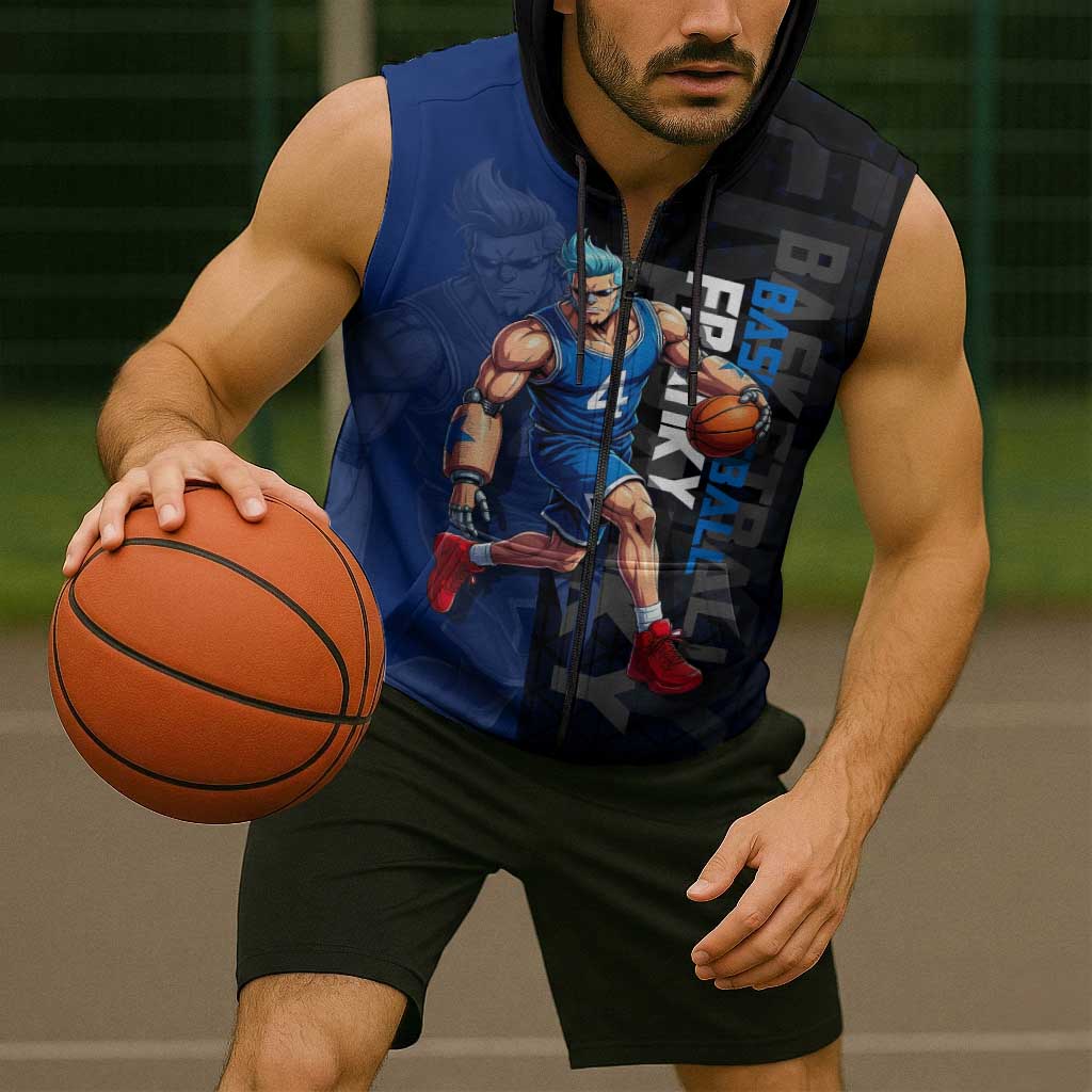 Franky One Piece Basketball Crossover Design Sleeveless Zip Hoodie with Blue Uniform and Mechanical Arm Action Pose - The Mazicc