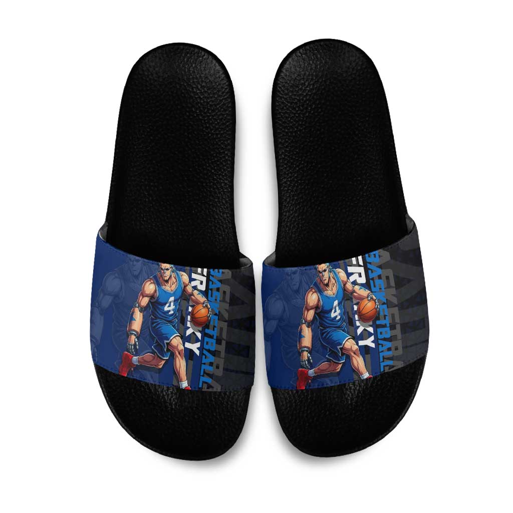Franky One Piece Basketball Crossover Design Slide Sandals with Blue Uniform and Mechanical Arm Action Pose - The Mazicc