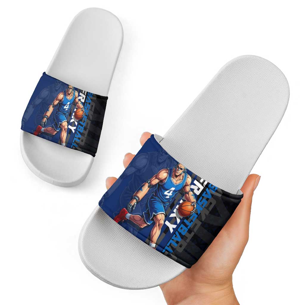 Franky One Piece Basketball Crossover Design Slide Sandals with Blue Uniform and Mechanical Arm Action Pose - The Mazicc