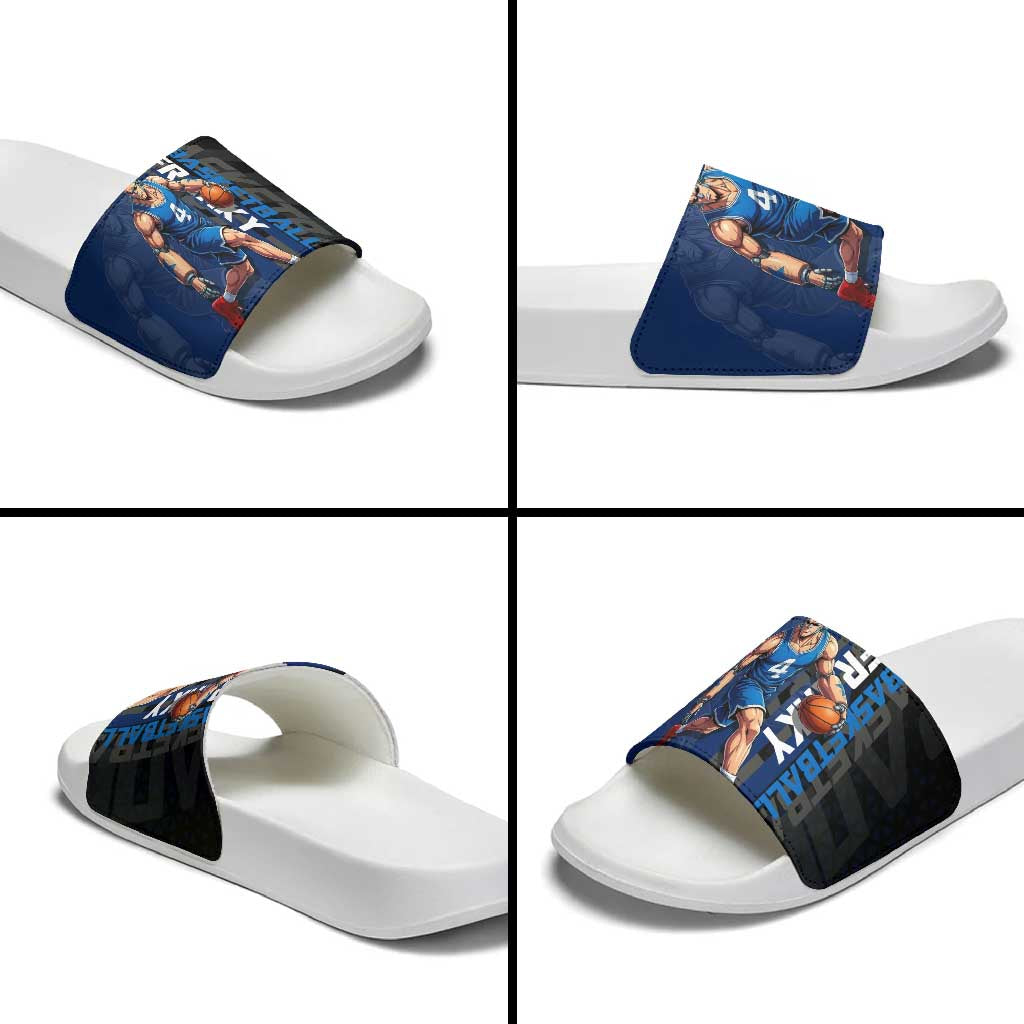 Franky One Piece Basketball Crossover Design Slide Sandals with Blue Uniform and Mechanical Arm Action Pose - The Mazicc