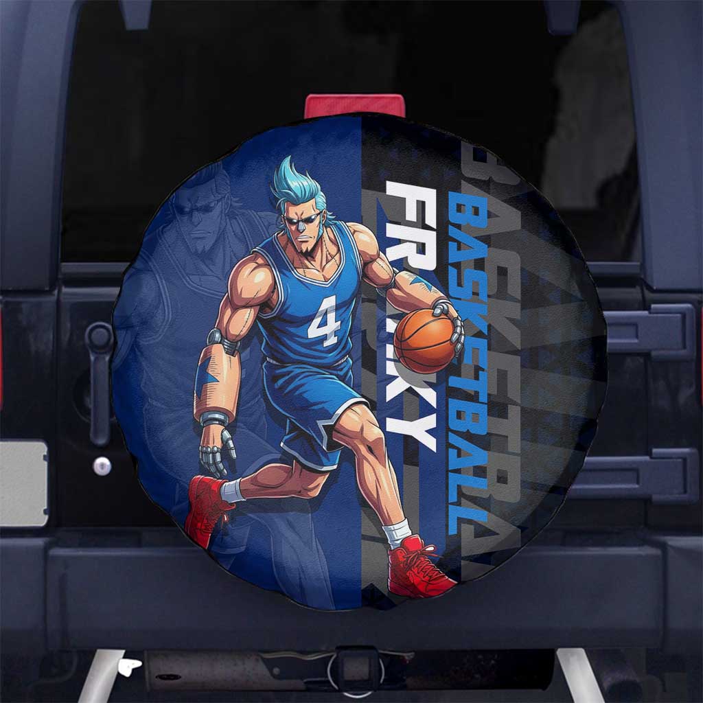 Franky One Piece Basketball Crossover Design Spare Tire Cover with Blue Uniform and Mechanical Arm Action Pose - The Mazicc